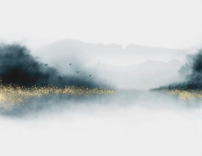 Watercolour dark forest over the lake with gold dust wall mural
