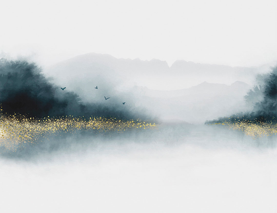 Watercolour dark forest over the lake with gold dust wall mural