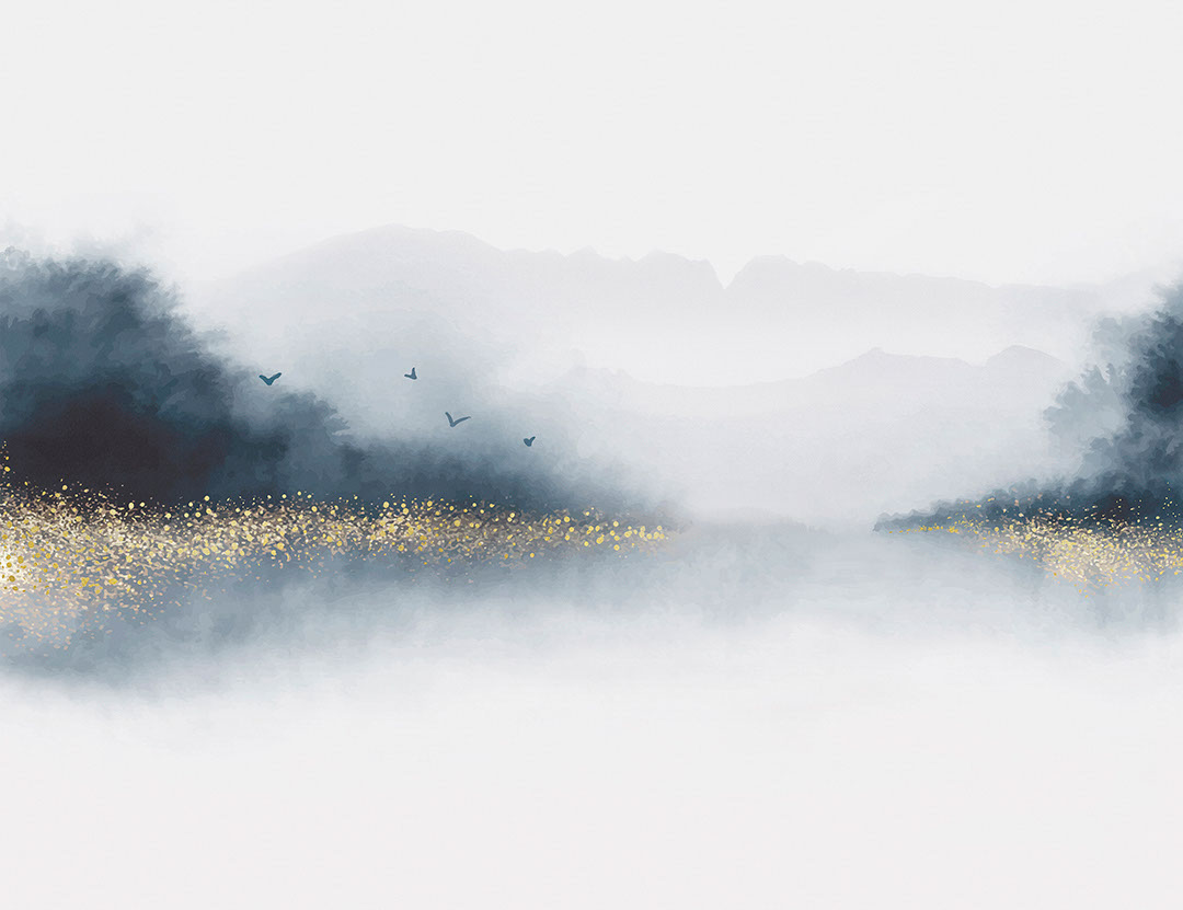 Watercolour grey forest over the lake with gold dust wall mural
