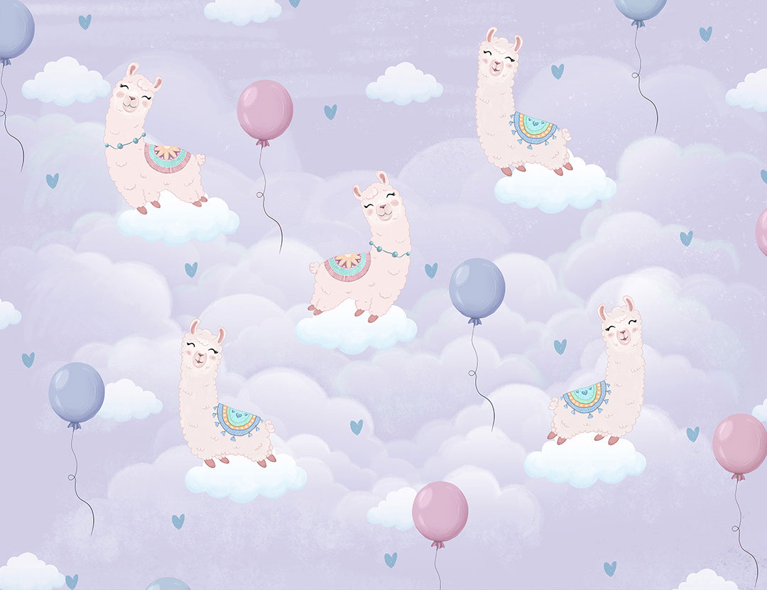 Happy llamas among the purple clouds patterned wallpaper