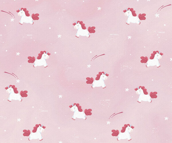 Dreamy unicorns with constellations patterned wallpaper in pink colours