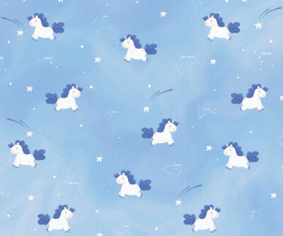 Dreamy unicorns with constellations patterned wallpaper in blue colours