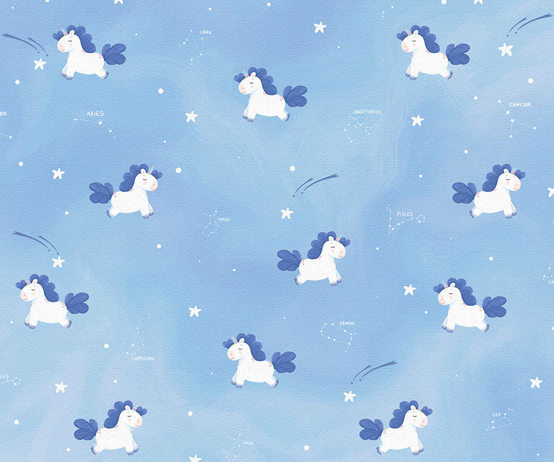 Dreamy unicorns with constellations patterned wallpaper in blue colours