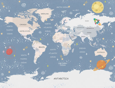 Kid’s world map wall mural with planets and rockets