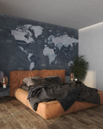 Grey world map wall mural in loft style for the bedroom