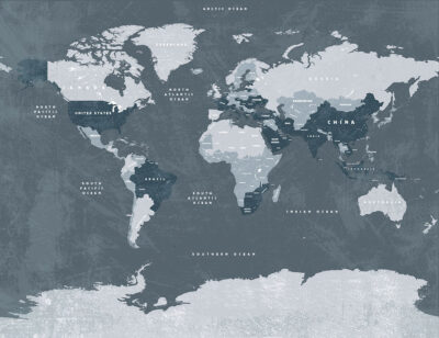 Grey world map wall mural in loft style