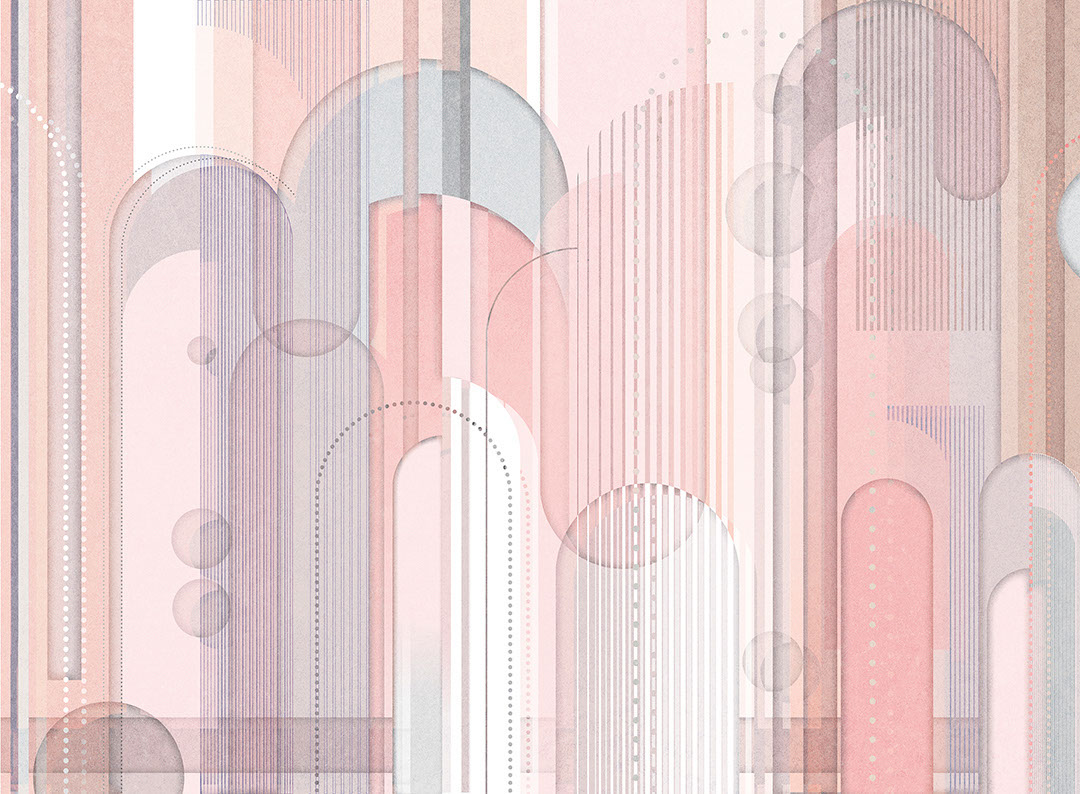 Chaotic geometrical pink wall mural in art deco style