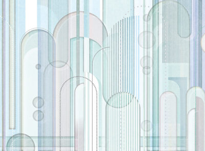 Chaotic geometrical blue wall mural in art deco style