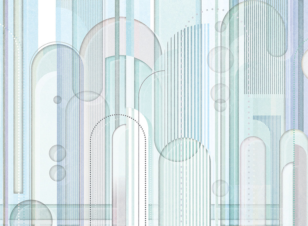 Chaotic geometrical blue wall mural in art deco style