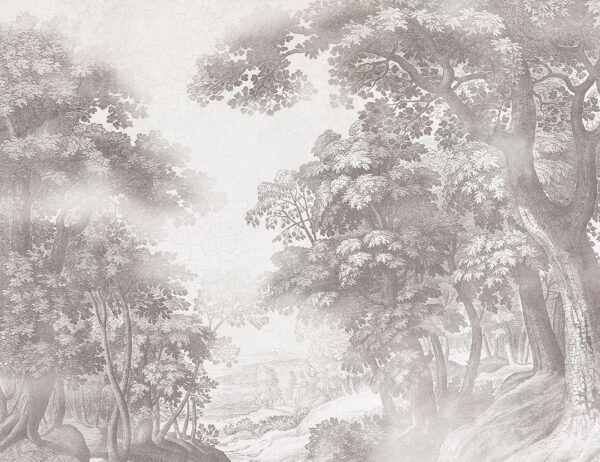 Vintage grey engraving of a forest wall mural