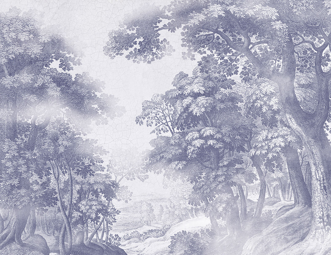 Vintage blue engraving of a forest wall mural