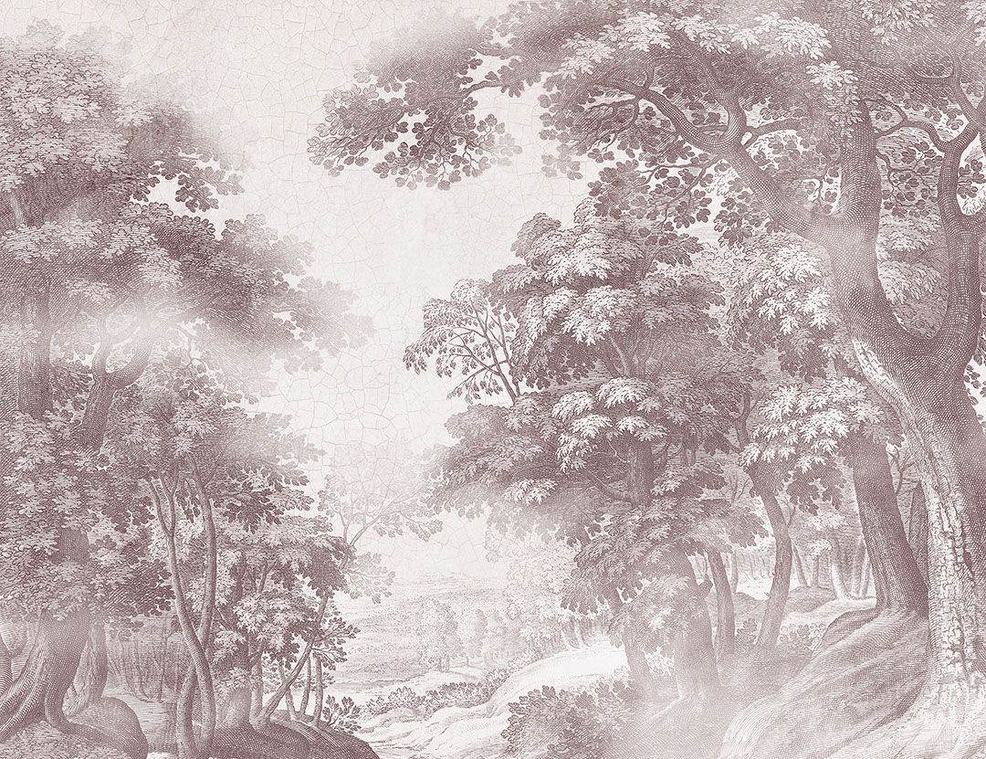 Vintage brown engraving of a forest wall mural