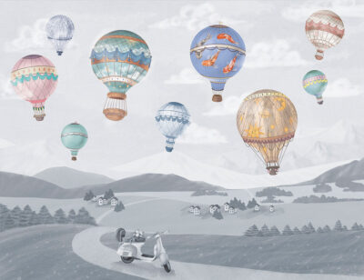 Kids wall mural with balloons above the ground in blue tones