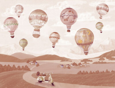 Kids wall mural with balloons above the ground in sepia tones