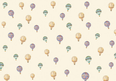 Kids patterned wallpaper with hot air balloons on the beige background