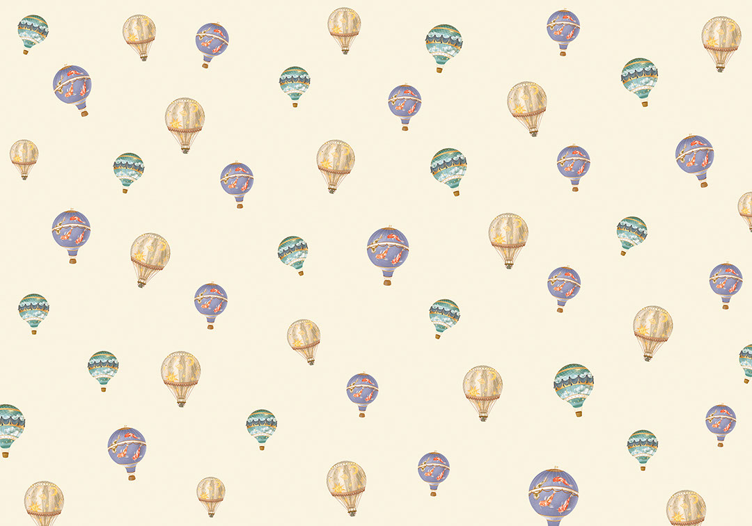 Kids patterned wallpaper with hot air balloons on the beige background