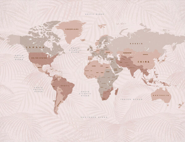 Beige world map wall mural with palm leaves