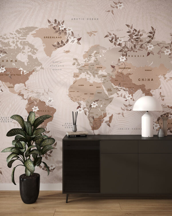 World map wall mural for the living room with flowers in copper colour