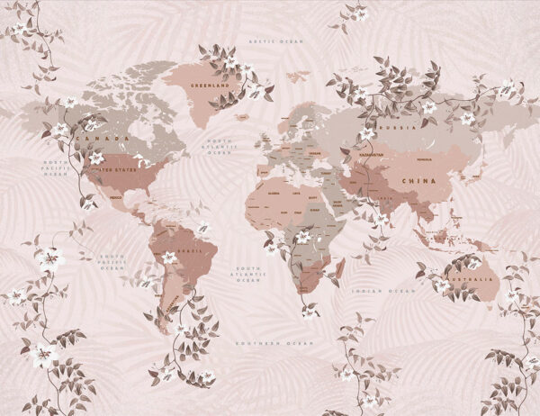 World map wall mural with flowers in copper colour