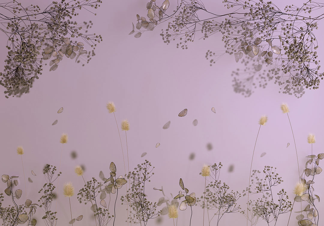 Delicate dried flowers on the purple background wall mural with 3D effect