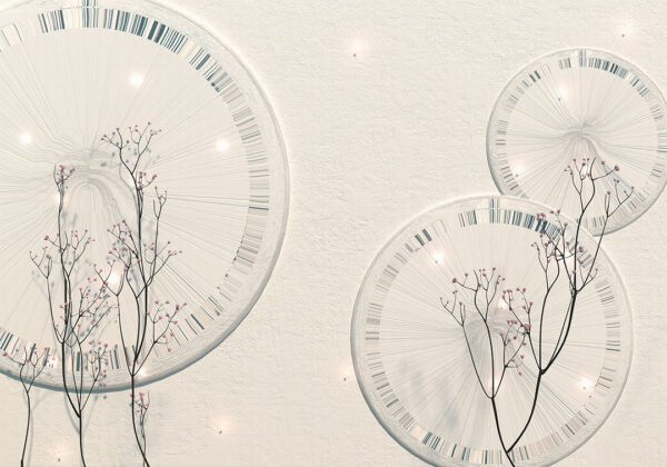 Delicate branches and 3D geometric shapes wall mural in white tones