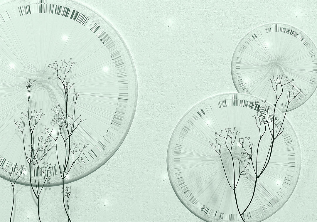 Delicate branches and 3D geometric shapes wall mural in blue tones