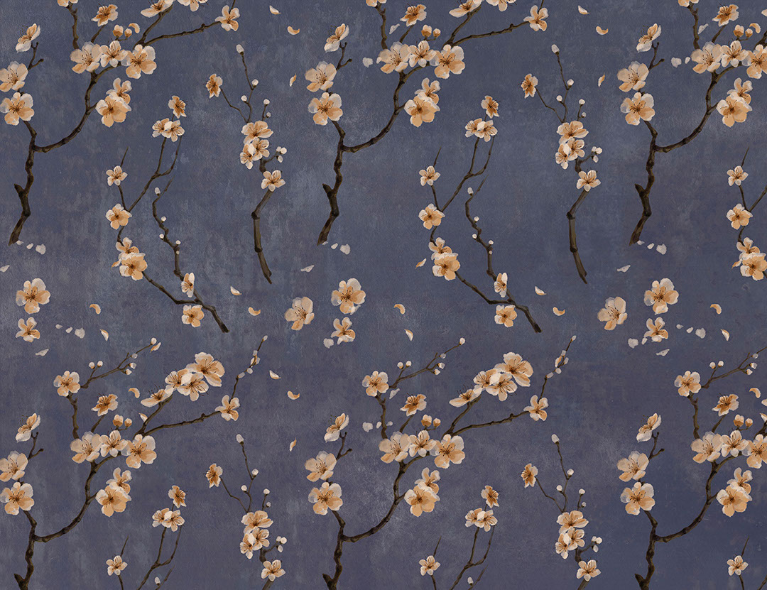 Sakura branches on the blue background patterned wallpaper