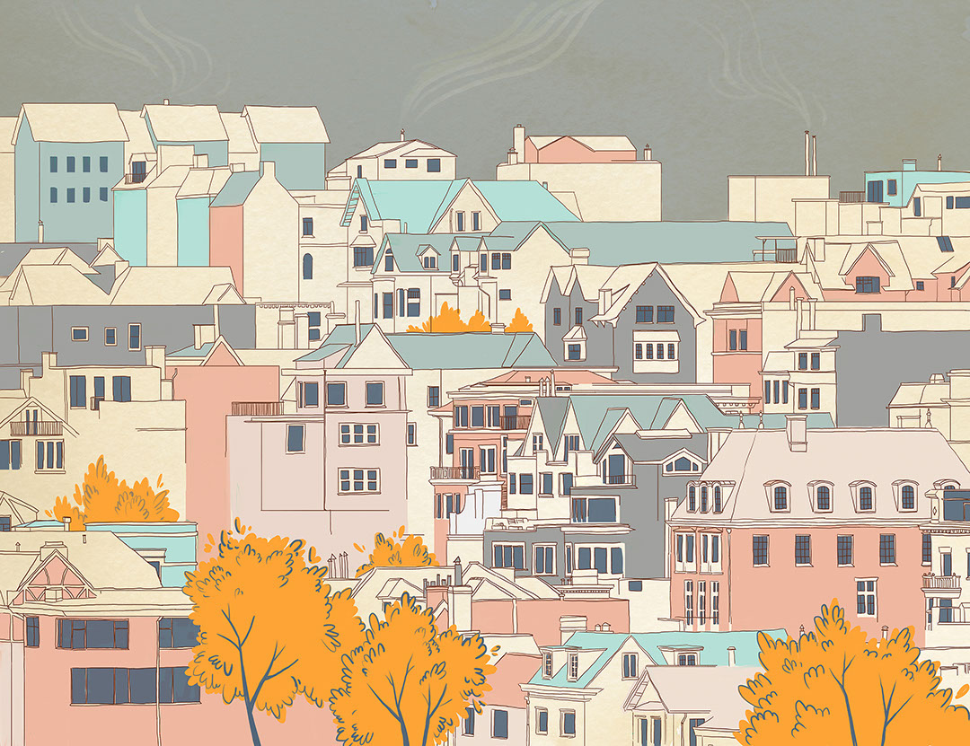 Cartoon style city with grey sky wall mural