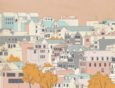 Cartoon style city with dusty pink sky wall mural