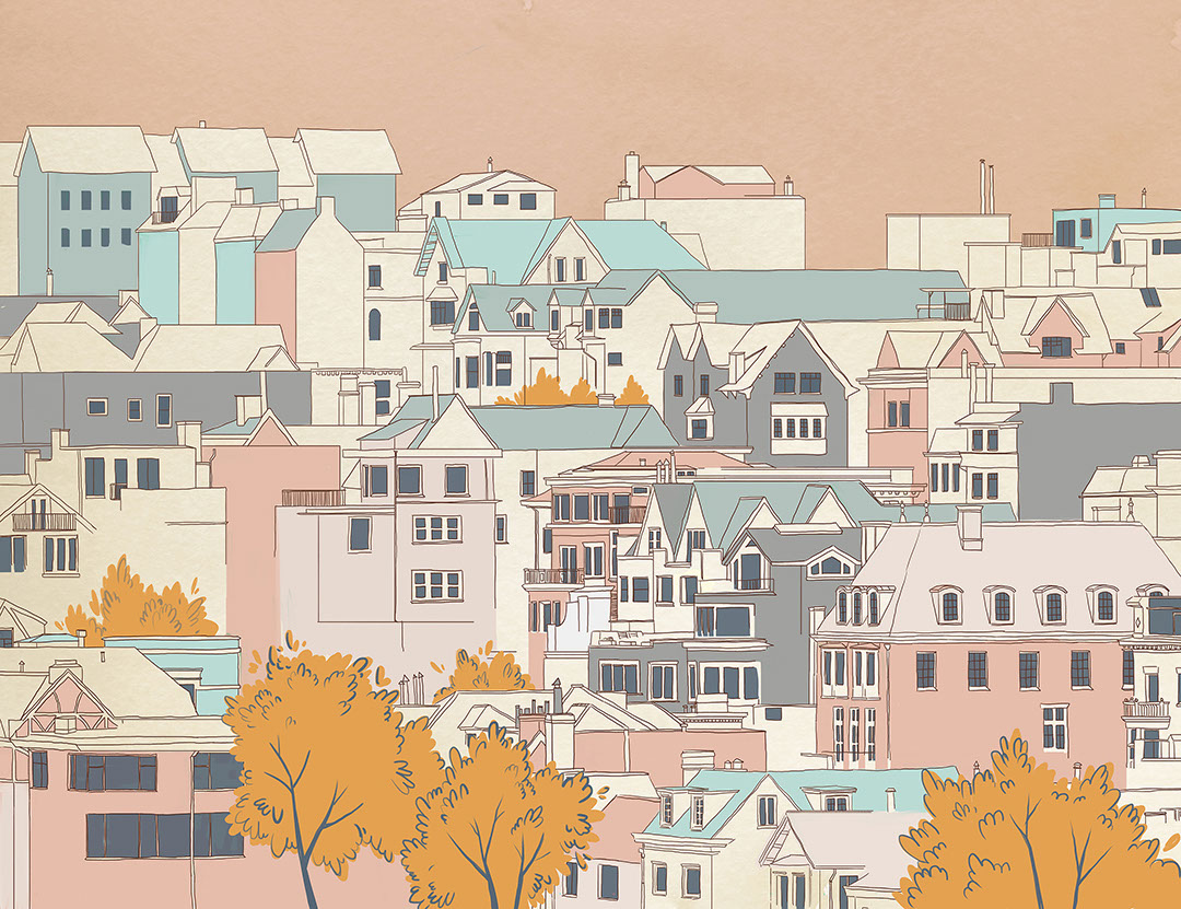 Cartoon style city with dusty pink sky wall mural