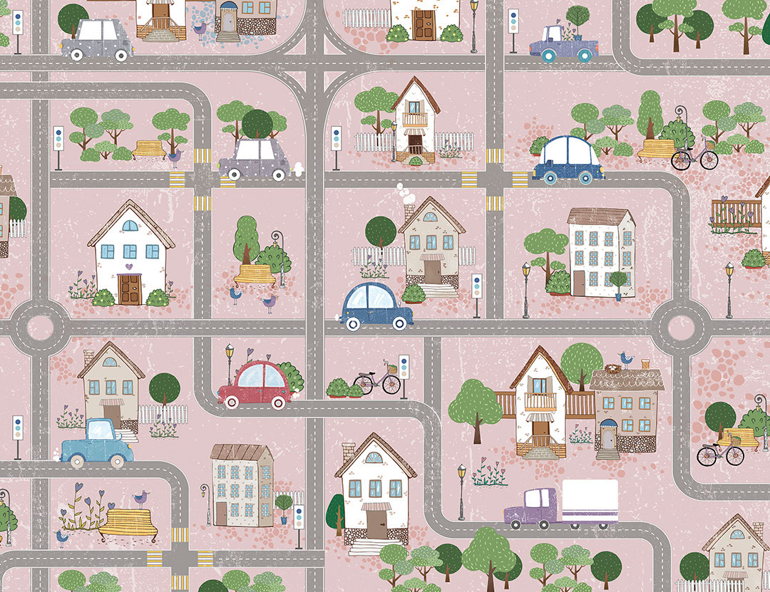 Kids pink wall mural map with roads and cars