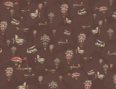 Vintage air balloons and airship in the brown cloudy sky patterned wallpaper