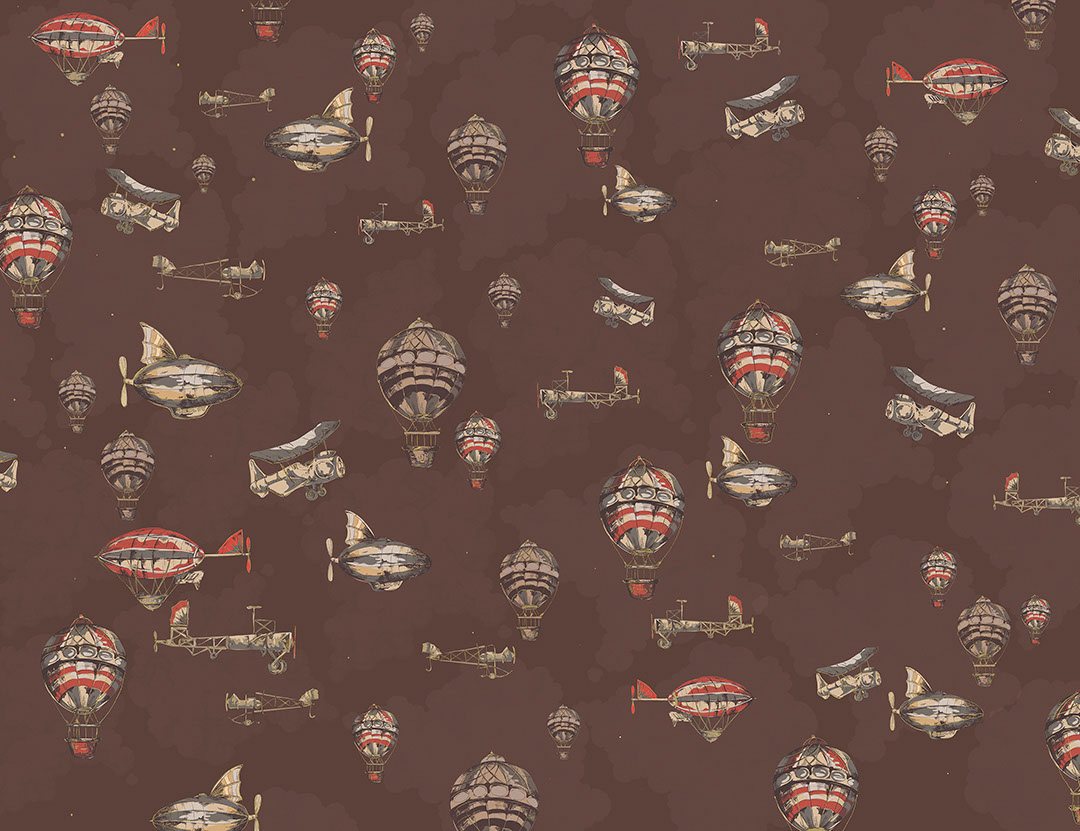 Vintage air balloons and airship in the brown cloudy sky patterned wallpaper