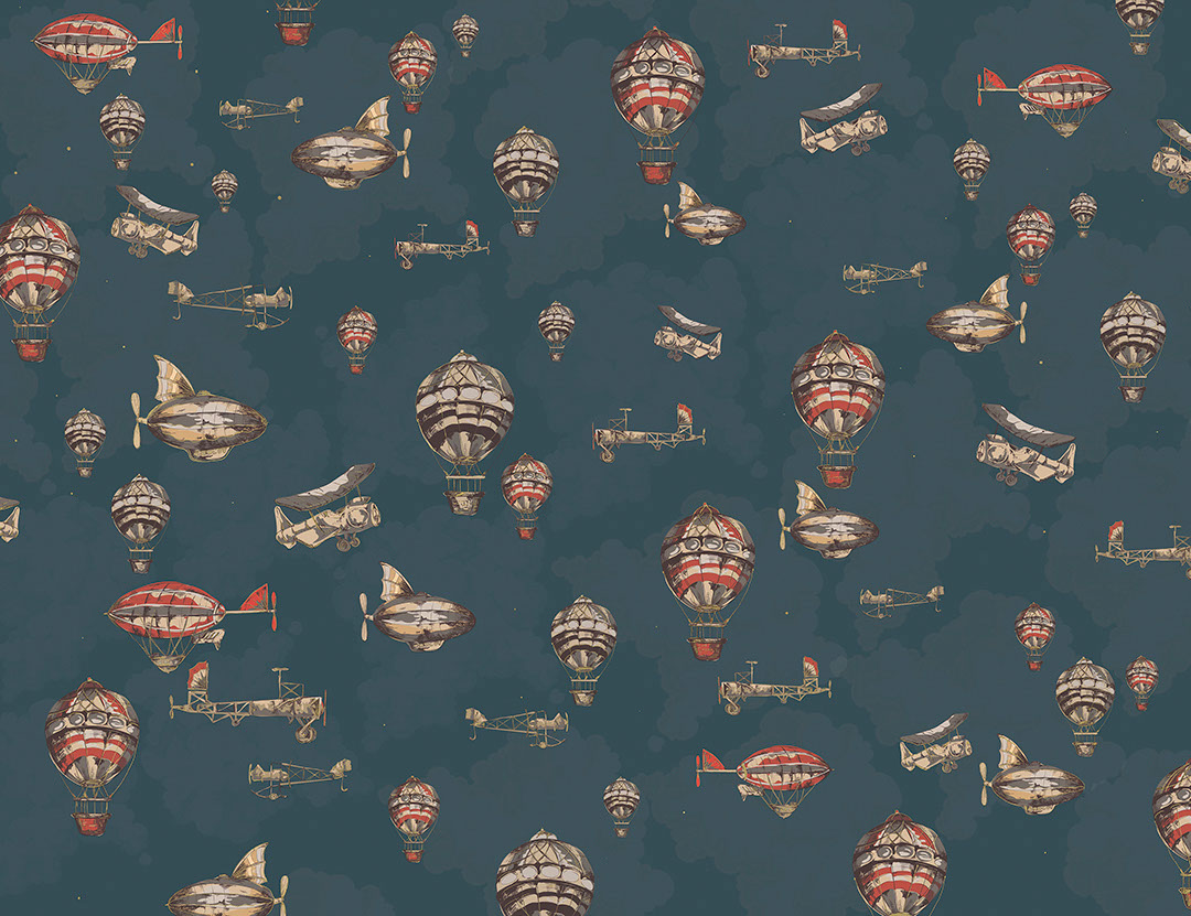 Vintage air balloons and airship in the blue cloudy sky patterned wallpaper