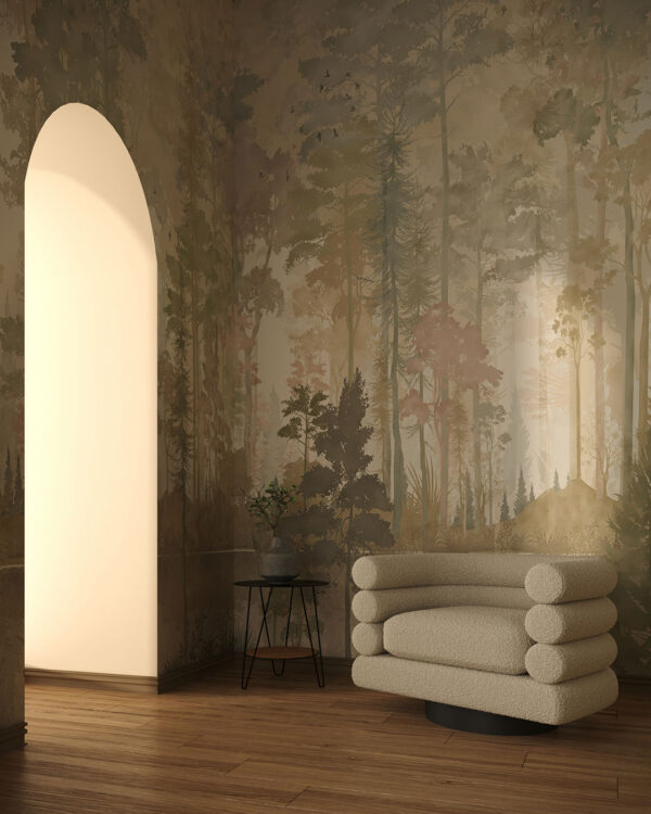 Watercolour forest in pastel colours wall mural for the living room