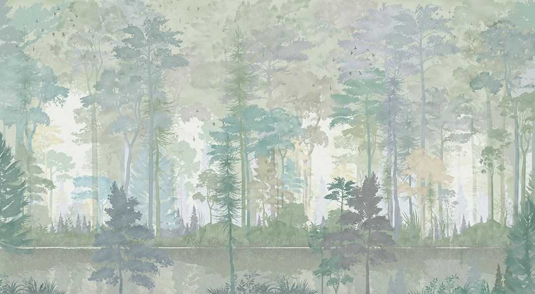 Watercolour forest in green colours wall mural