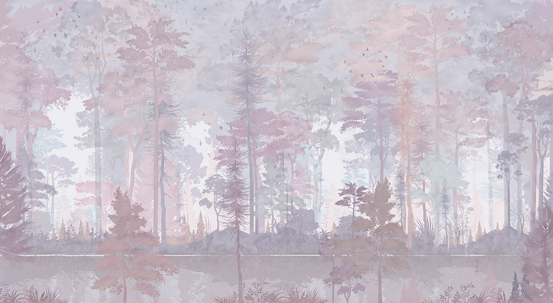 Watercolour forest in purple colours wall mural