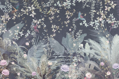 Tropical leaves with parrots vintage wall mural in blue tones