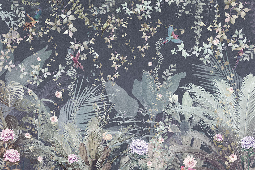 Tropical leaves with parrots vintage wall mural in blue tones