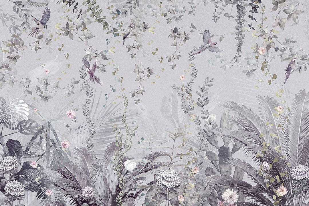 Tropical leaves with parrots wall mural in grey tones