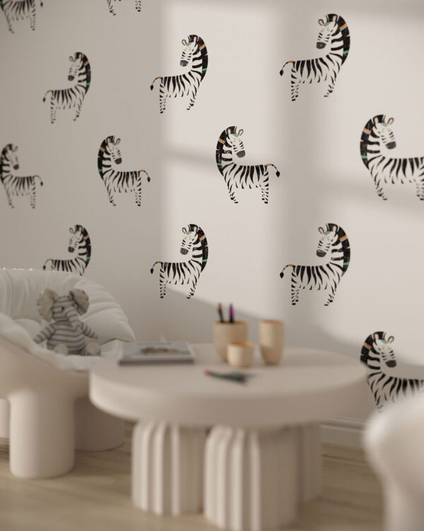 Minimalist zebra patterned wallpaper for a children's room