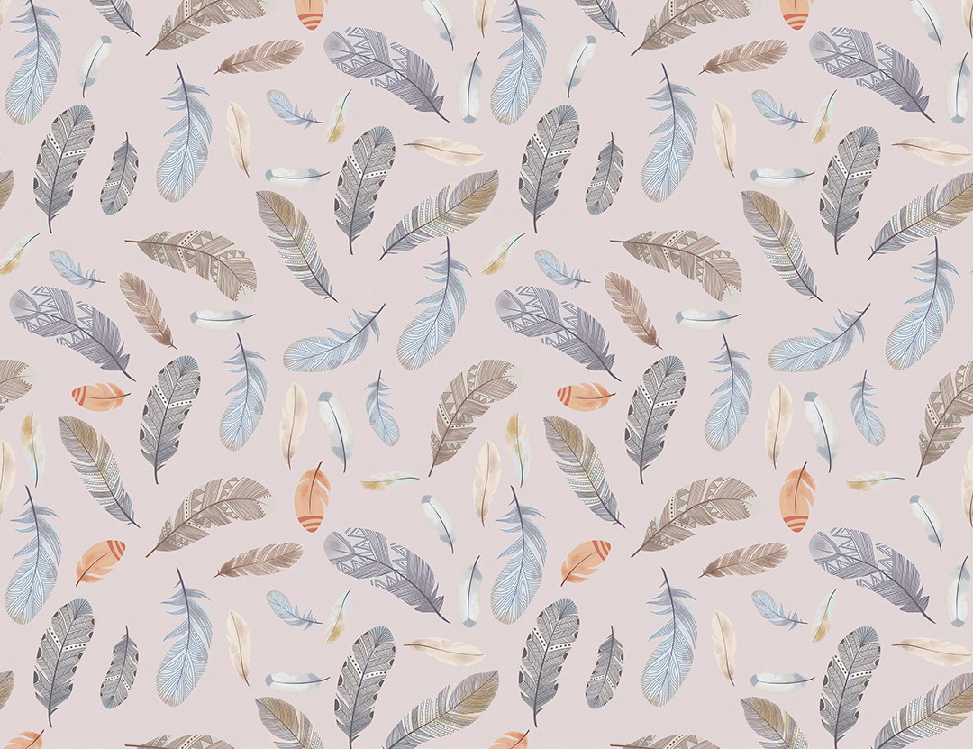 Colourful feathers at the purple background patterned wallpaper in Boho style