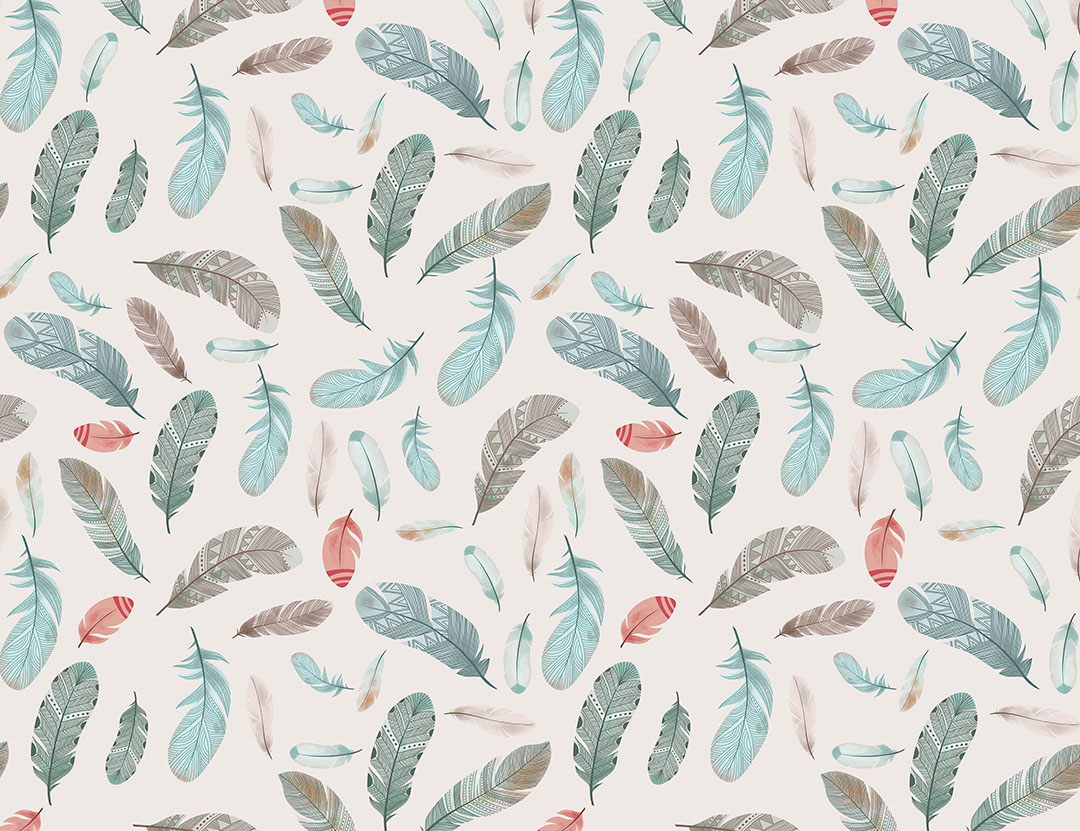 Bright feathers patterned wallpaper in Boho style