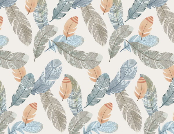 Delicate blue, orange and grey feathers patterned wallpaper