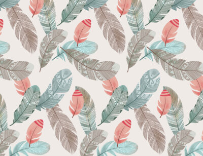 Delicate blue, red and grey feathers patterned wallpaper