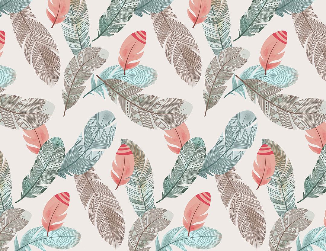 Delicate blue, red and grey feathers patterned wallpaper