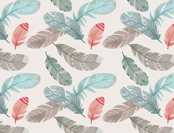 Blue, red and grey feathers patterned wallpaper in Boho style