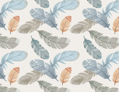 Blue, orange and grey feathers patterned wallpaper in Boho style