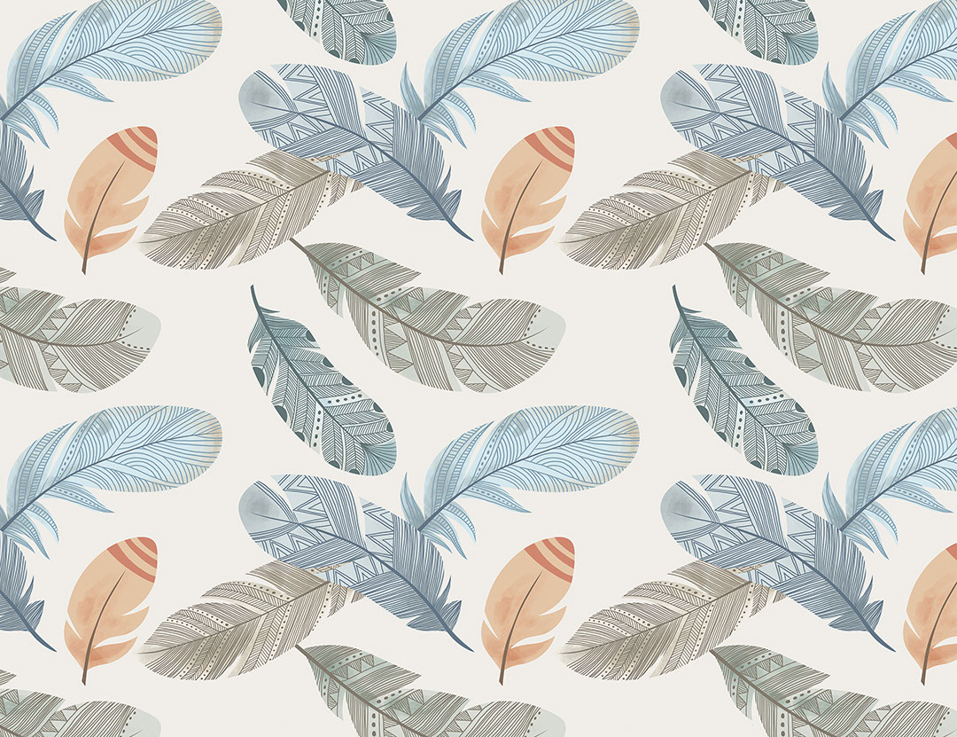 Blue, orange and grey feathers patterned wallpaper in Boho style