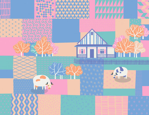 Hut and cows wall mural in bright blue, pink and orange colours